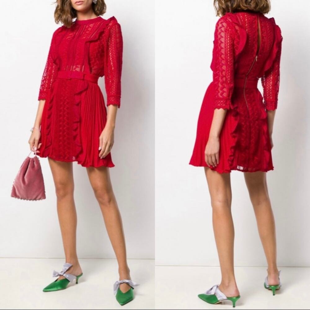 NWT Self-Portrait Red Geometric Lace Dress Guipure Crochet Preppy Twee Size 2 - Picture 2 of 16